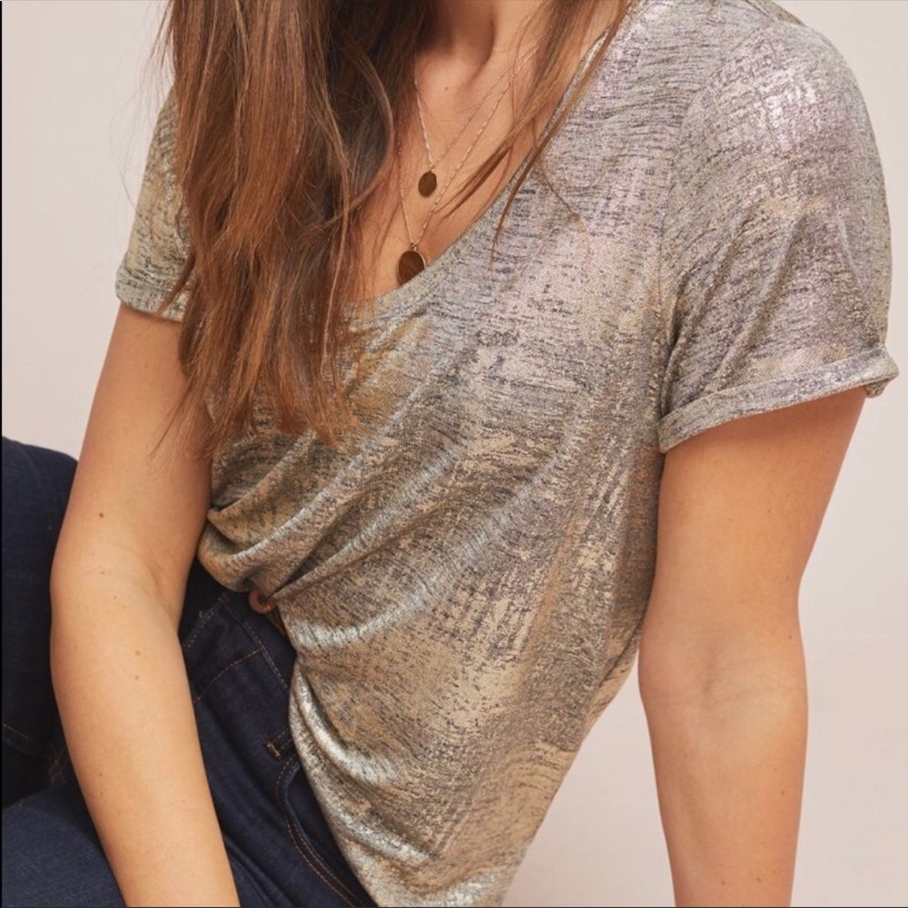 Anthropologie Gold Shimmer Short Sleeve Tee